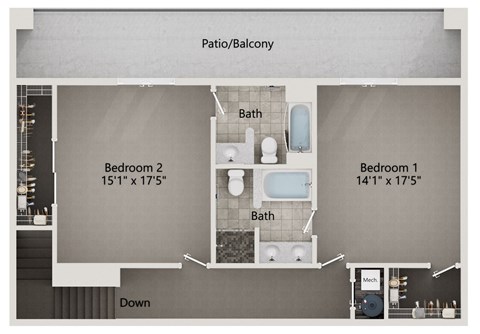 A diagram of a house layout with two bedrooms, a bathroom, and a patio/balcony.